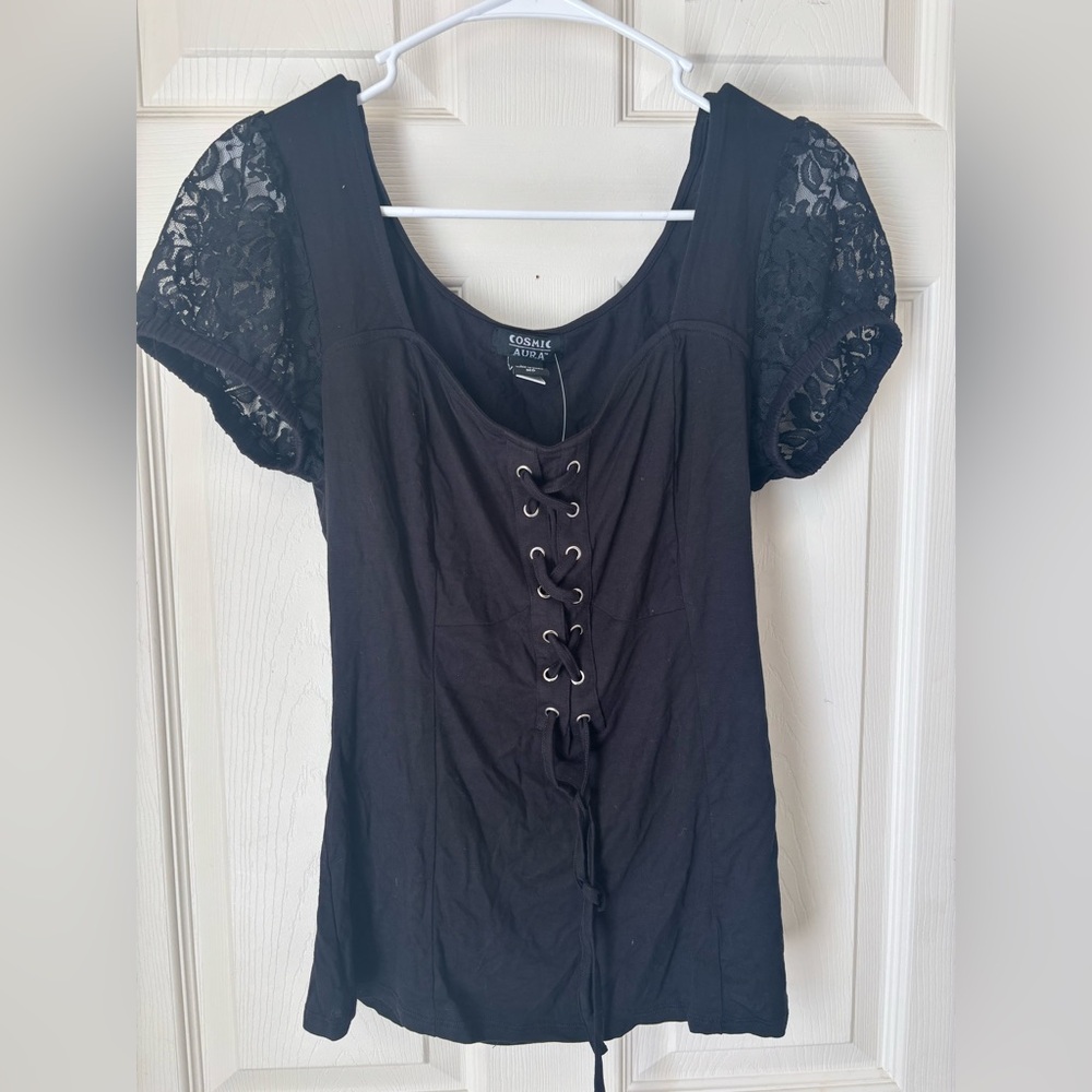 Hot Topic Cosmic Aura Black Lace-Up Top Lace Shoulders Short Sleeve Shirt Medium